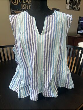 100% linen Pure Navy Striped Sleeveless Blouse Light Blue Navy and White